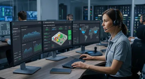 Woman worker at a control panel with multiple computer screens