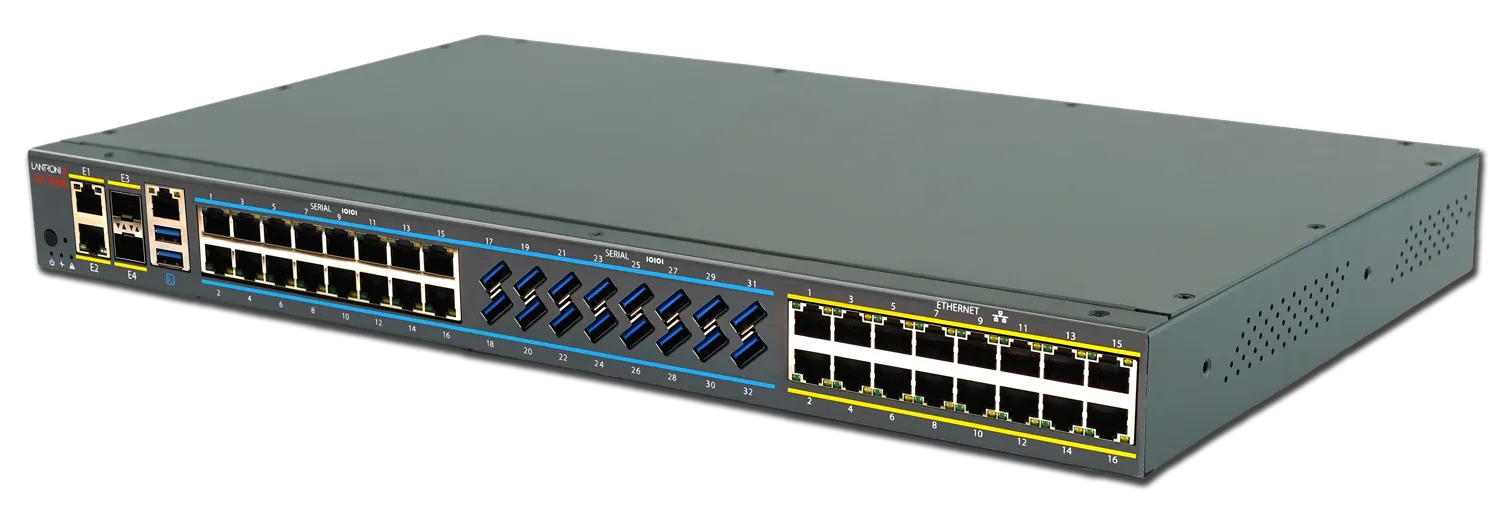 Lantronix SLC 9000 advanced console manager model SLC9016-16U-16E with 16 RJ45 serial, 16 USB serial, and 16 Ethernet console ports for secure remote data center management.